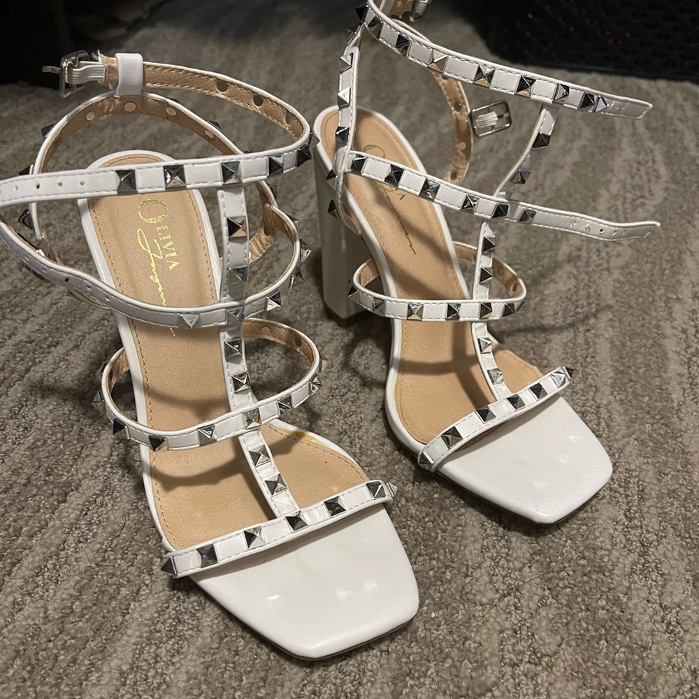 Studded square toed block heels